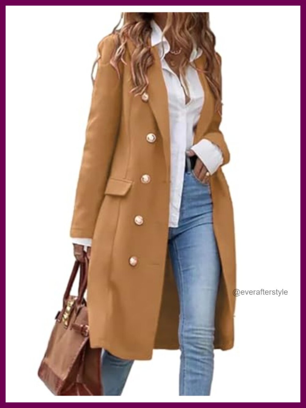Long Wool Blend Pea Coat Double Breasted Notch Lapel Knee Length
